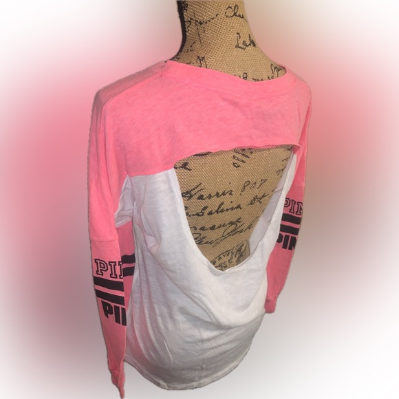 PINK Victoria's Secret Open Back Oversized Hot Neon PinkWhite Long Sleeve Tee XS - Picture 1 of 7